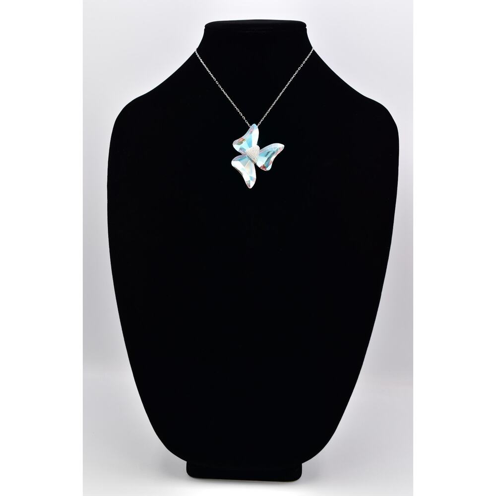 Swarovski Aurora Borealis Crystal Bow Pendant Necklace Silver Swan Signed Bin7B - Picture 4 of 12